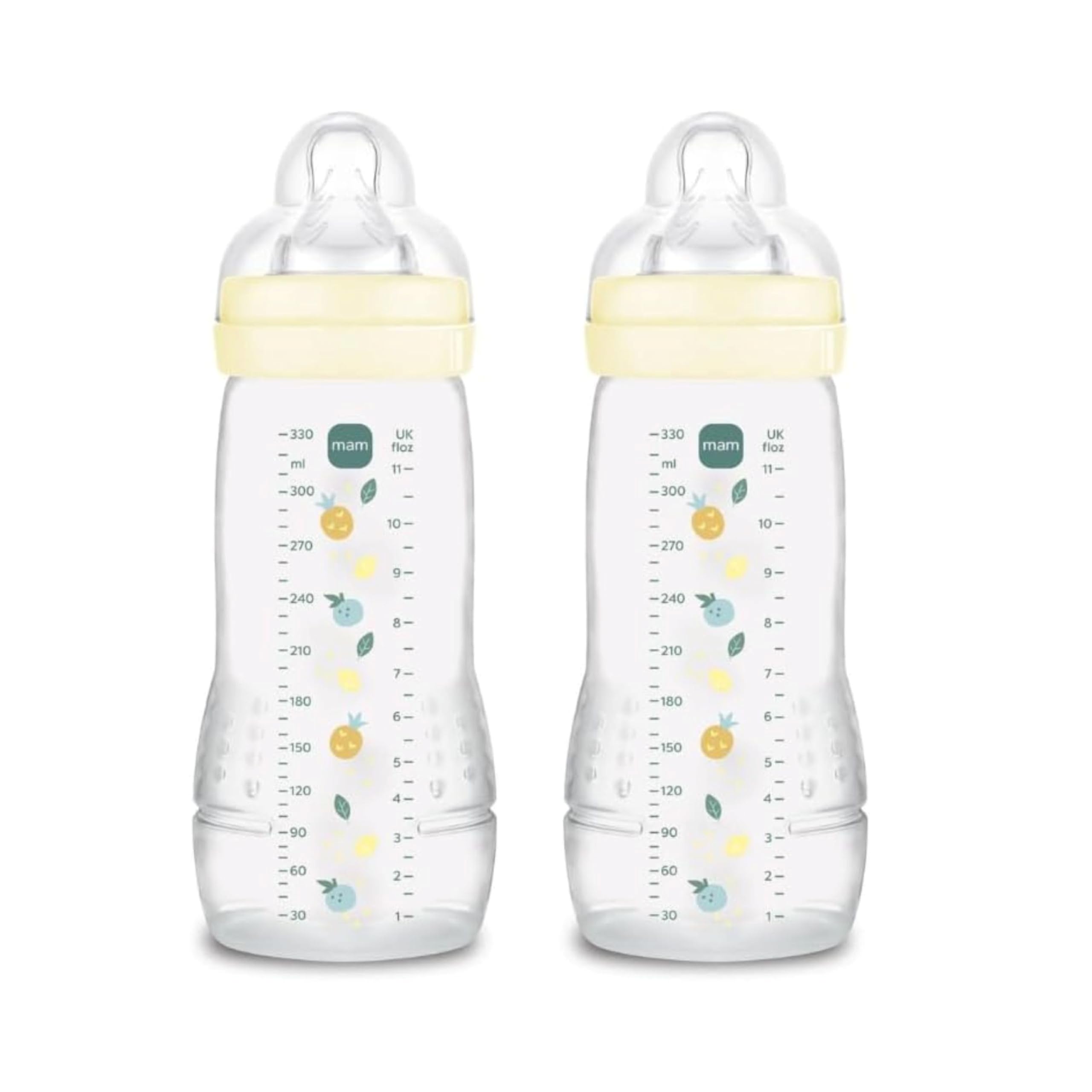 MAM Biberon Easy Active Baby Bottle 330 ml (Set da 2), Kit da 2 biberon MAM per bambini attivi ergonomici e pratici, Accessori neonato 4+ mesi allattamento con tettarella misura 3, Neutro (assorted colors)