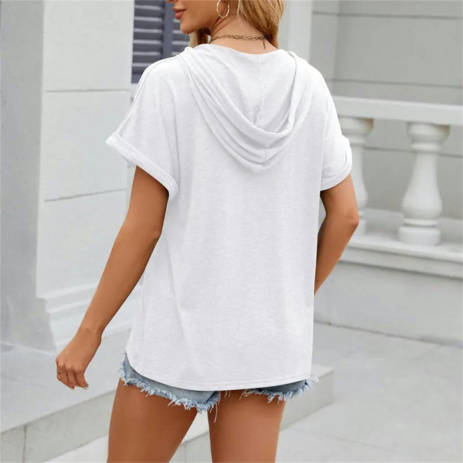 Camicia Donne Sciolte Casual Bottoni con Cappuccio Estate Top-Shirt