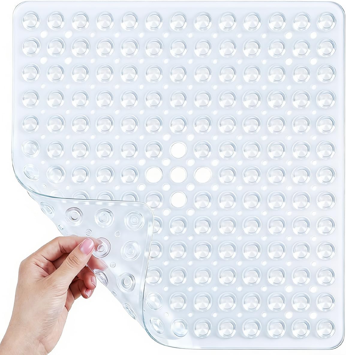 21 x 21 Inch Shower Stall Mat Non Slip, Square Bath Mat for Stand Up Showers with Suction Cups and Drainage Holes, Machine Washable, Clear