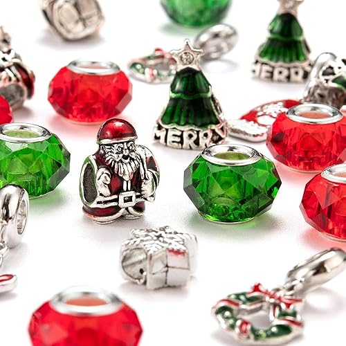 Miniatura 4 de KISSITTY Juego de 36 cuentas europeas de Navidad de 4 a 0.197 in, cuentas de aleación y vidrio con agujero grande, cuentas de Rondelle facetadas