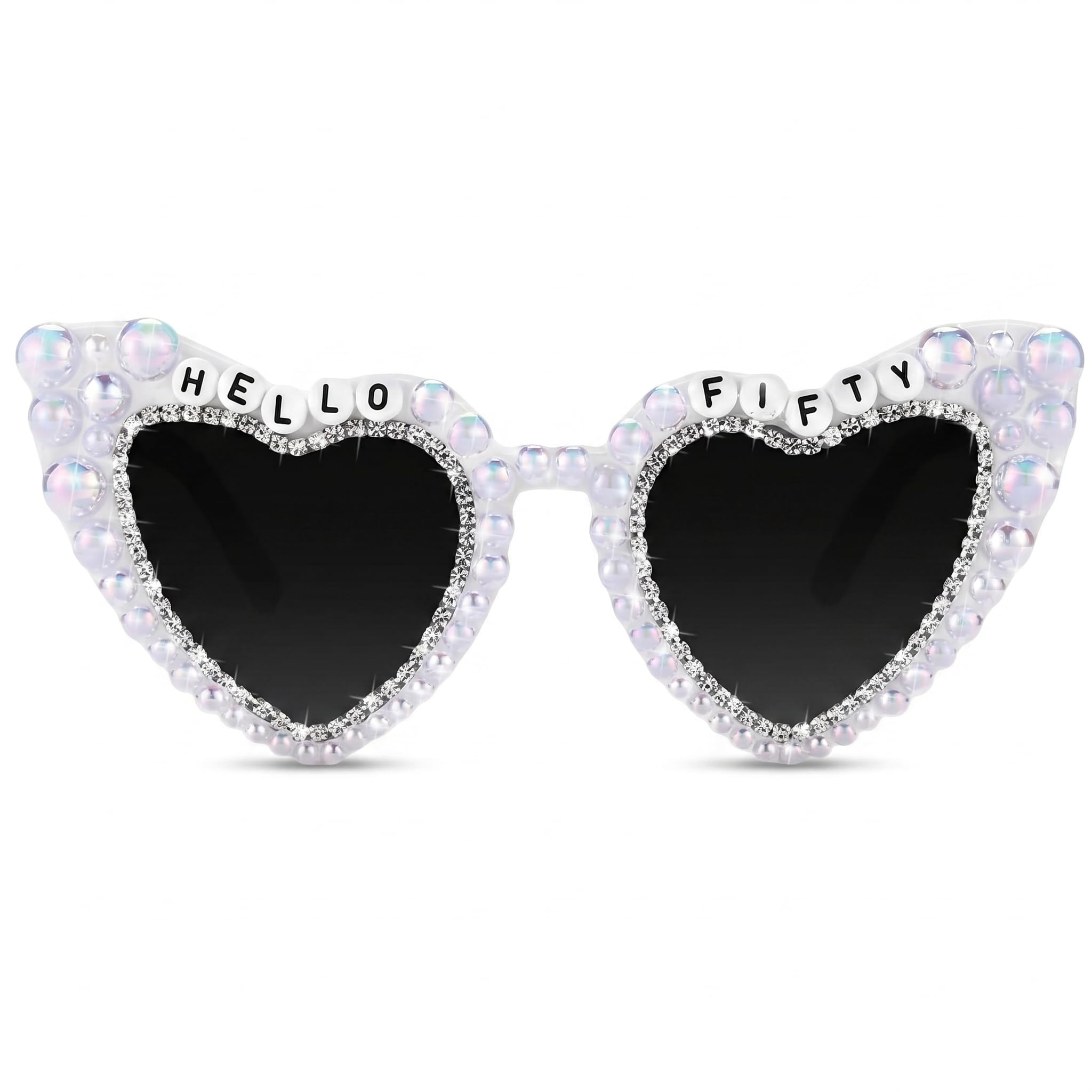 50th Birthday Glasses, Heart Shaped Iridescent Pearl Sunglasses for Women, HELLO FIFTY Rhinestone Novelty Eyewear for Party Photo Props, Colourful Pearl Gift Glasses for Birthday