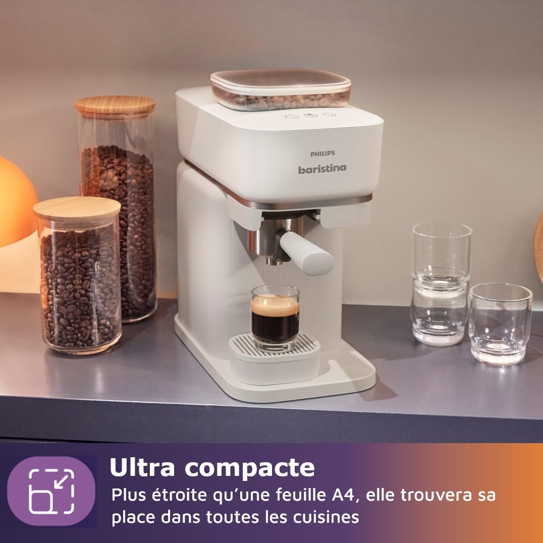 Philips Baristina Machine à expresso - Un véritable expresso, en toute simplicité - Compacte - 16 bars de pression - Broyeur intégré - Machine blanche avec porte-filtre blanc (BAR300/00)