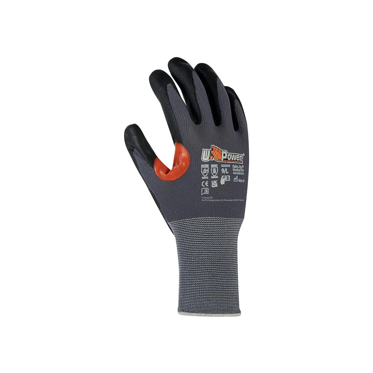 U-Power - Guantes de trabajo Kumba de nailon Spandex, revestimiento de nitrilo, refuerzo entre policía, índice de resistencia a la abrasión, protección de riesgos mecánicos térmicos, color gris,