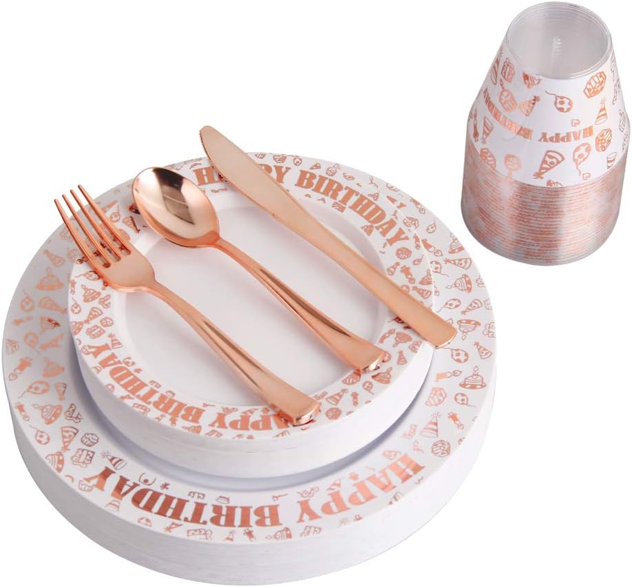 150pcs Rose Gold Premium Plastic Cutlery&Plates Set/Confetti Birthday Tableware Including 25 Dinner Plates, 25 Salad or Dessert Plates & 25 Polished Rose Gold Forks Knives & Spoons & 9oz cups