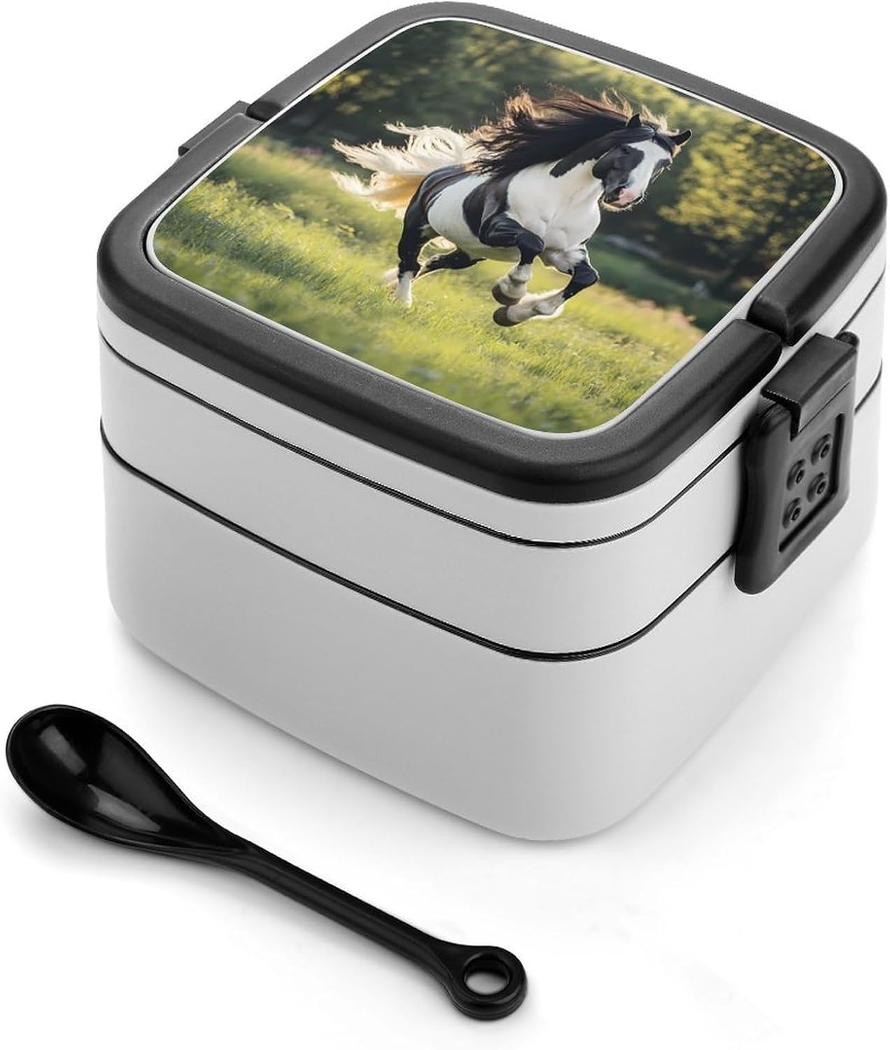 Black And White Horses Bento Box with Spoon 2 Layer Food Container Cute Lunch Box for Travel Dining Work
