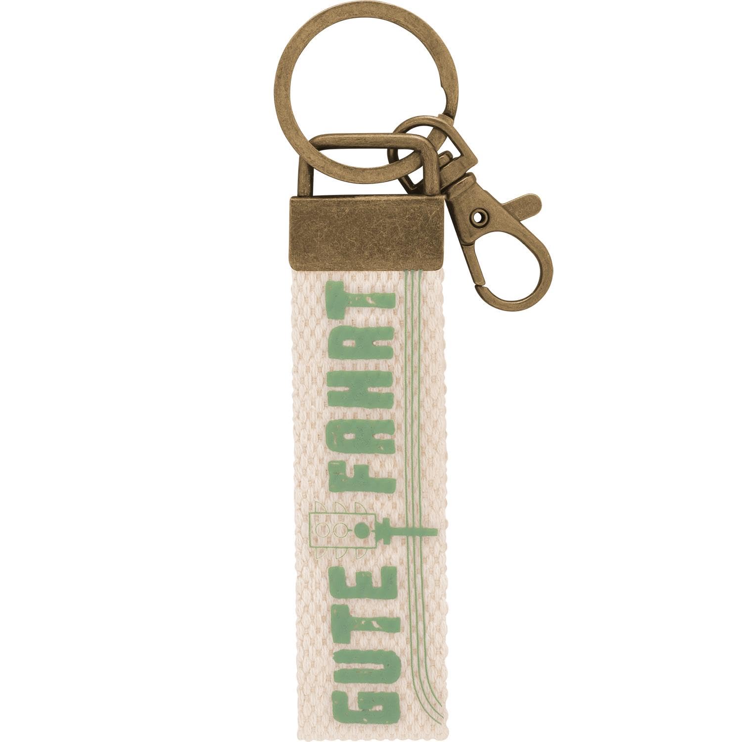 GRUSS & CO 48398 Canvas Keyring with Good Ride Motif Light Canvas with Carabiner, cream-coloured, 16 cm, Motif Gute Fahrt