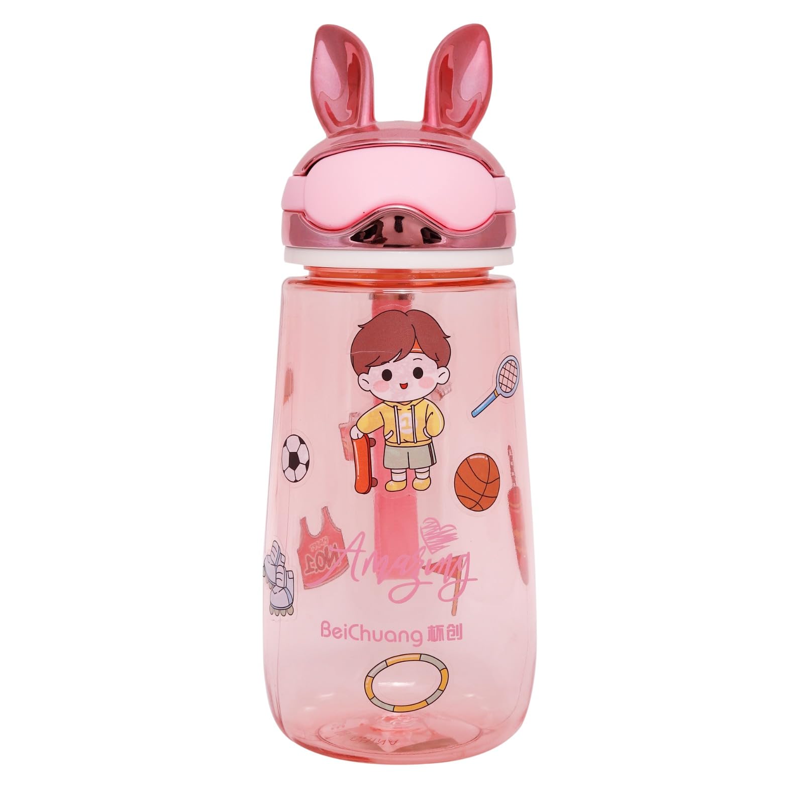 Rabbit head Concise BPA free Material Cartoon Kids School Water Bottle 600 ML with DIY Stickers (Pink)