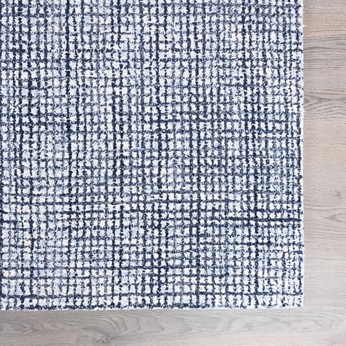 Image of Hand-Tufted 100% Wool Pile Area Rug - Geometric Textured Grid Check Pattern - Thick and Durable Floor Carpet for Bedroom, Living Room, Kids Room, and Dining Area (Navy Blue, 5' x 5')