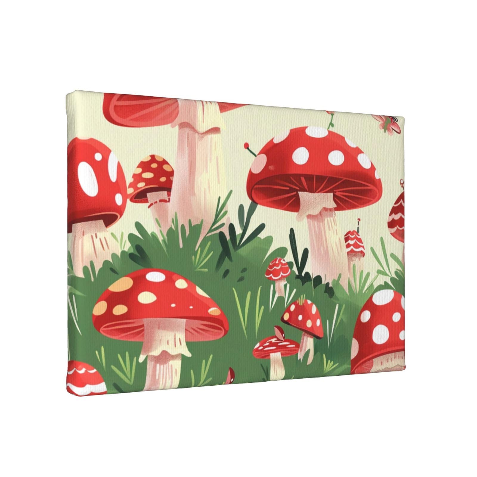 YKLJG Cartoon Mushrooms Printed Wall Art Canvas Painting 30x20 CM Wooden Framed Picture Painting Artwork Prints for Bedroom Kitchen Home Office Decor