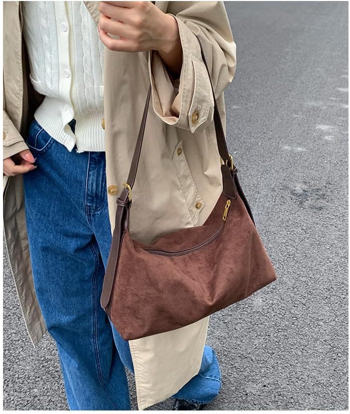 Fall Purse Suede Crossbody Shoulder Bags Brown Suede Purse Trendy Slouchy Faux Tote Bag for Women - Image 4