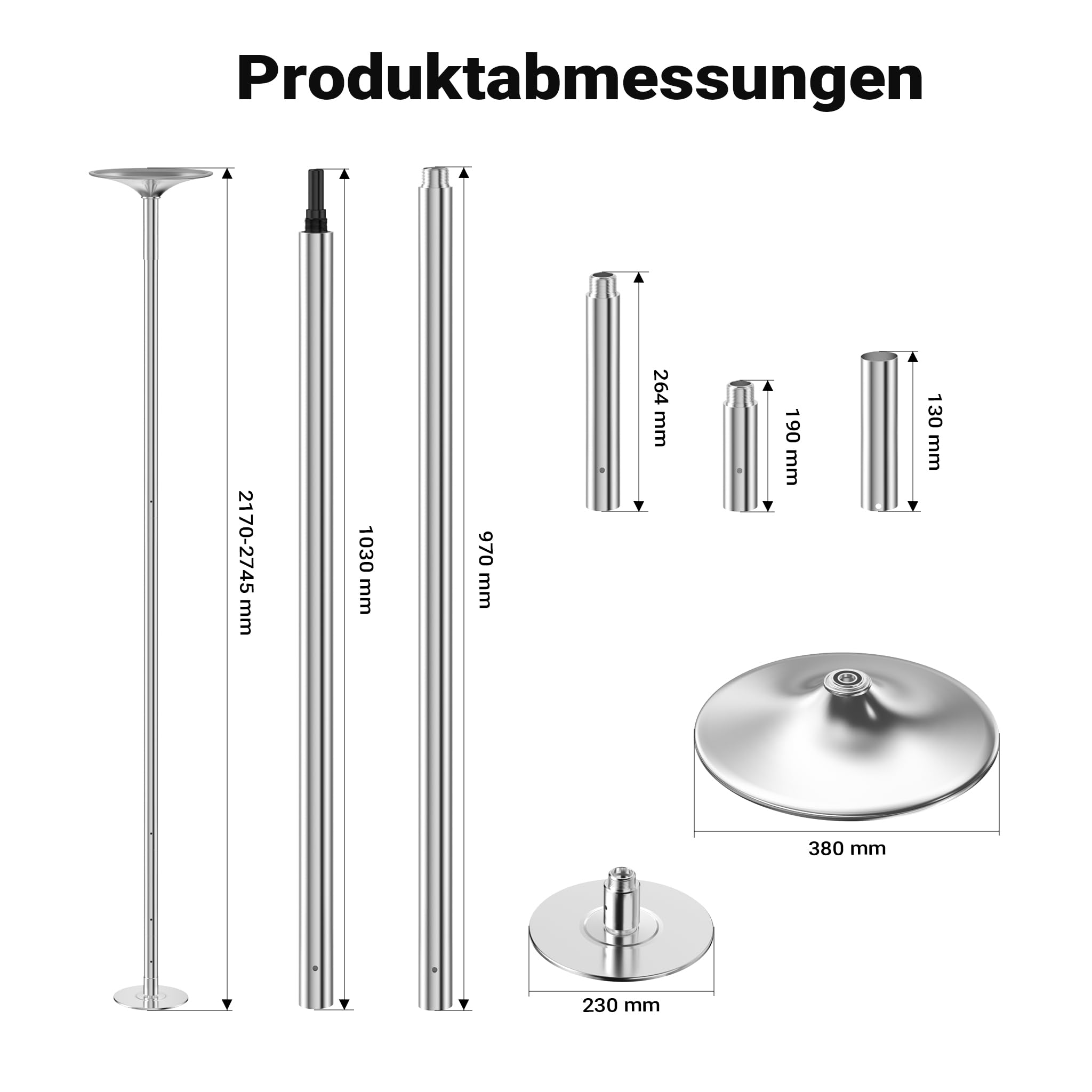 WilTec Pole Dance/Barre de Danse Verticale - Ø 45 mm - Hauteur réglable 2,31-2,74 m - Fabrication en Acier - Montage sans Forage - Entraînement Musculation Sport Endurance GoGo