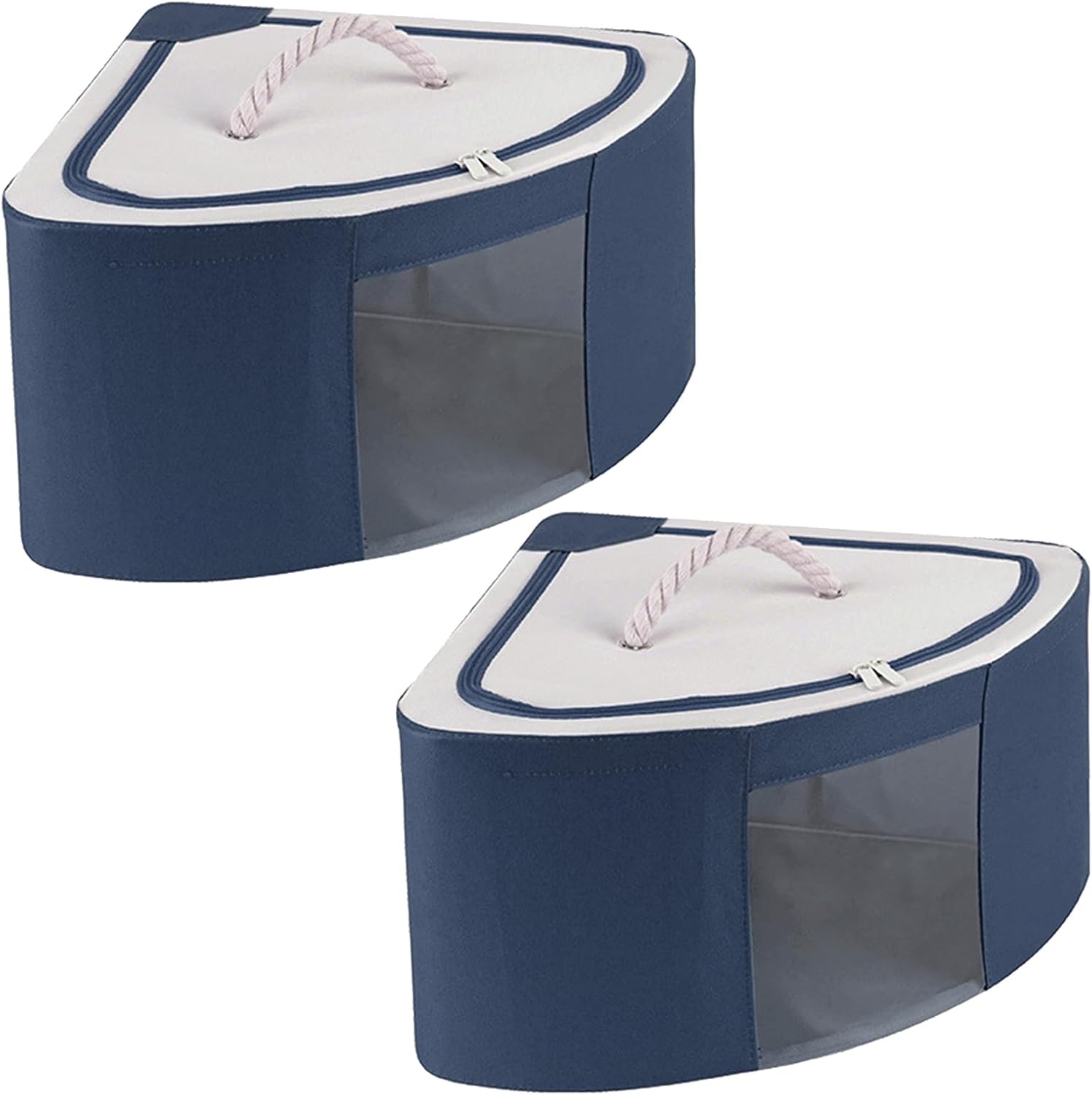 2PCS Corner Baskets Triangle Storage, Fan Shaped Storage Box with Lid and Handle, Foldable Storage Bins, Waterproof Oxford Cube Boxes, Large Capacity Storage Container for Bedroom Office(Navy-L)