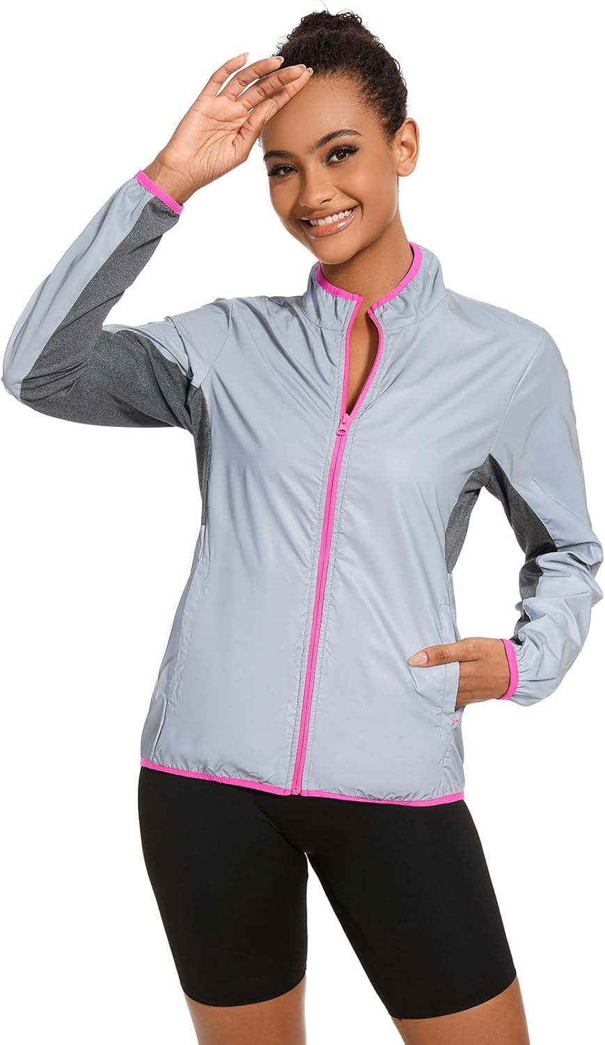 bpbtti Women's Lightweight Full Zip Windbreakers Reflective Jackets workout Tops For Spring/Autumn - Image 2