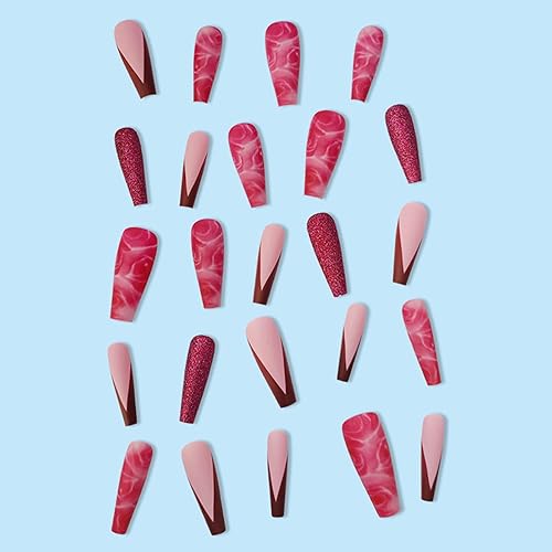 Miniatura 3 de 24 uñas postizas a presión de punta francesa largas con diseño de purpurina rosa rosa uñas postizas mate exquisitas uñas acrílicas artificiales para