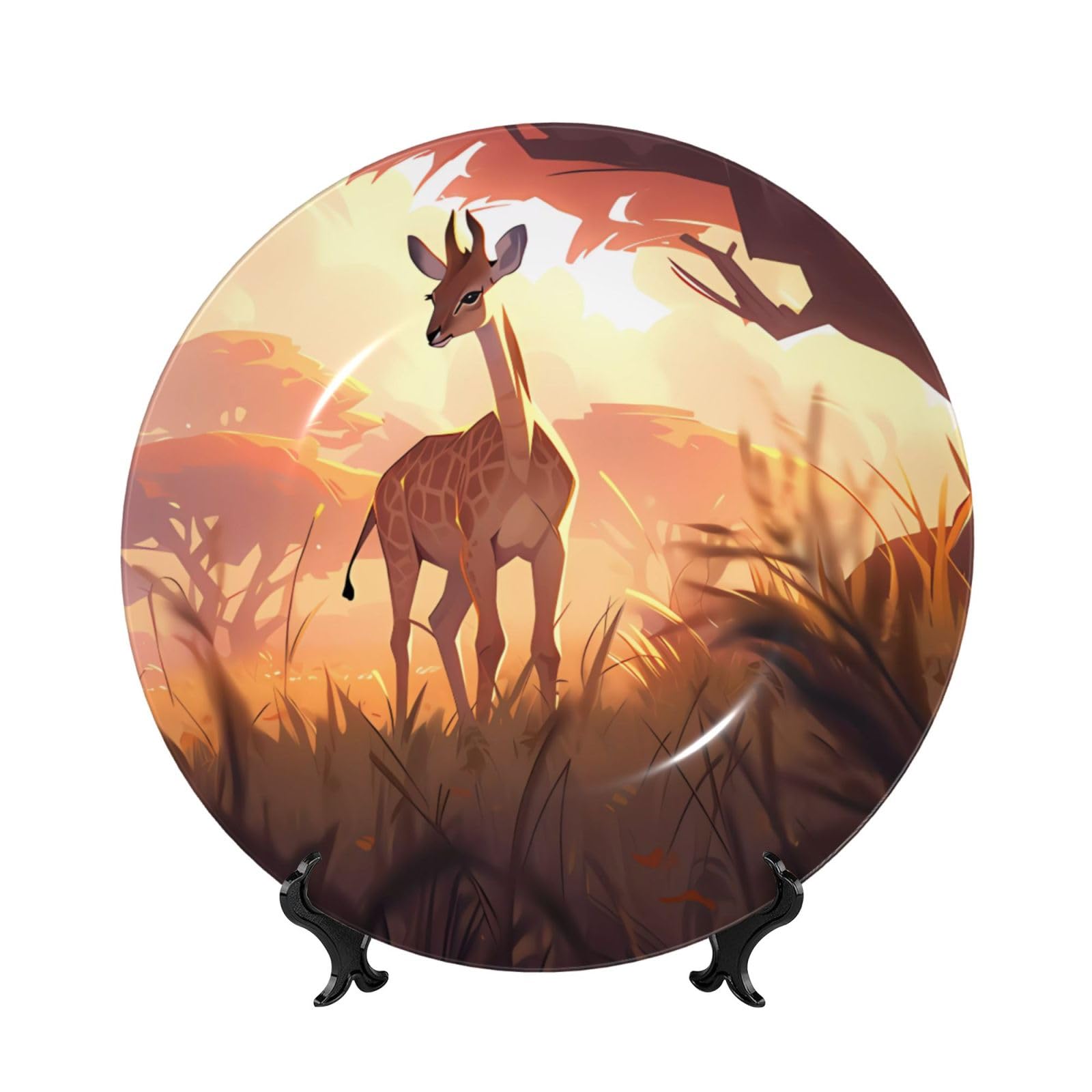 SXZVVBN African savannah giraffe calf Bone China Decorative Plate Art with Stand Removable Adhesive Hanging for Home Office 7in