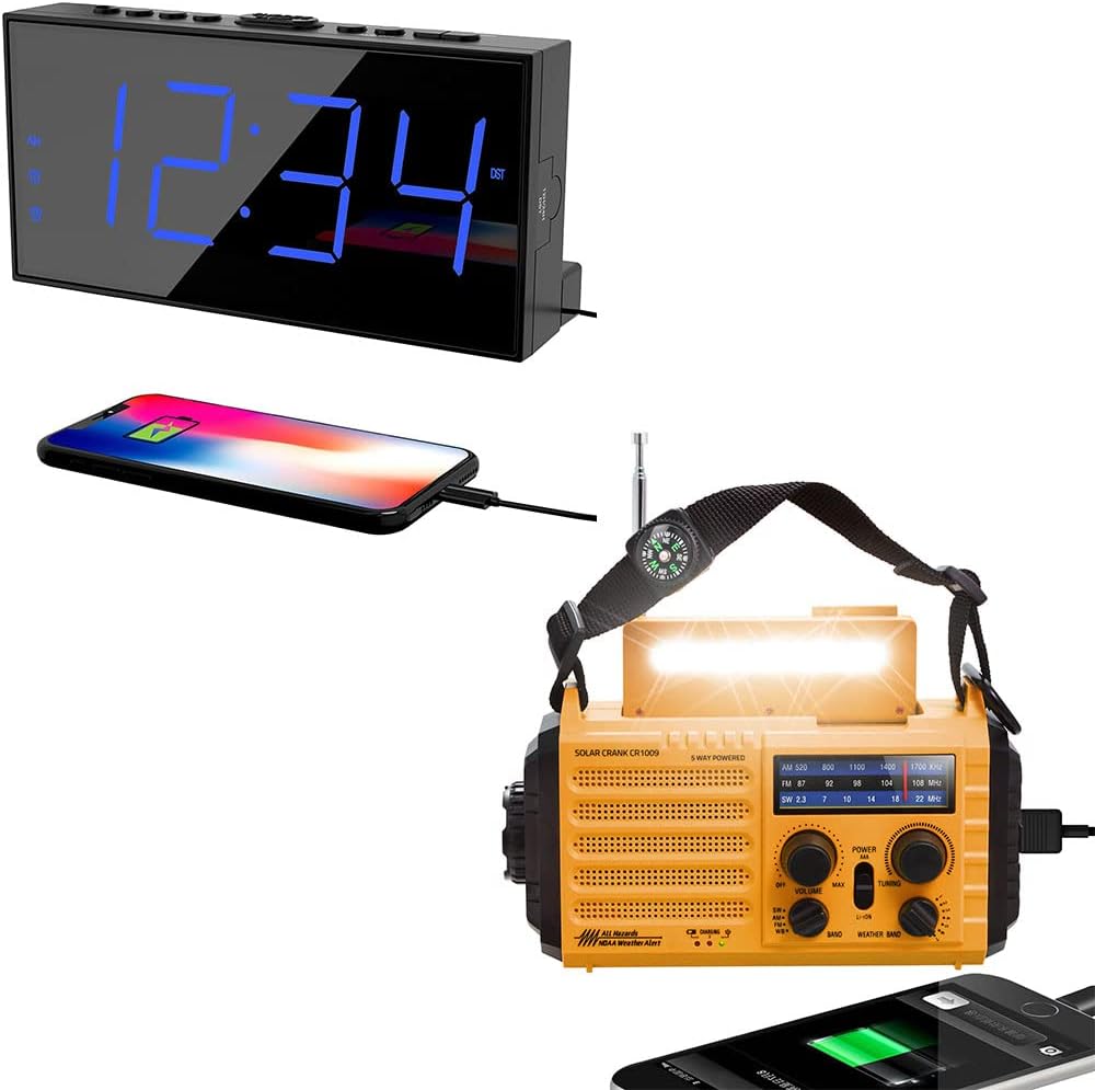 PPLEE Digital Dual Alarm Clock for Bedroom + 5-Way Powered Portable Emergency Solar Hand Crank AM/FM/SW/NOAA Weather Alert Radio