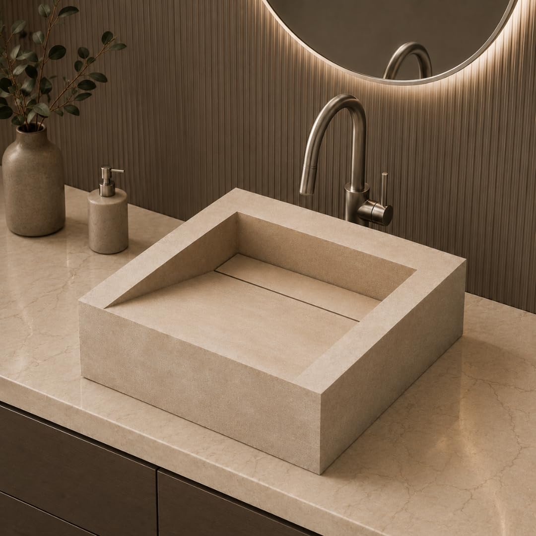 Handmade Ceramic Tile Table Top Wash Basin | Glossy Finish Designer Countertop Sink | 10 - Year Warranty | Covered Outlet | Square Vessel Sink for Bathroom & Vanity (Sand Beige)-image-21