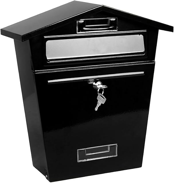 B&H Large Post Box Steel Waterproof Black Outdoor Wall Mounted With Lockable Keys