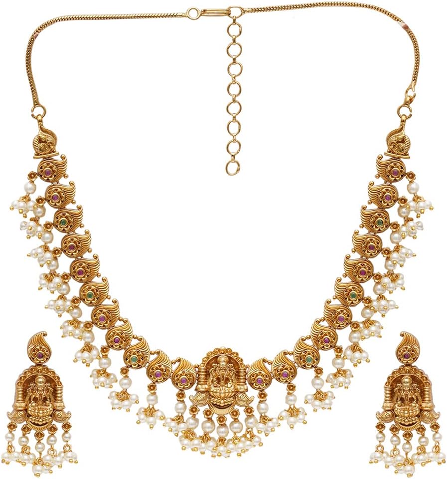 VOYLLAGold Opulence Divine Goddess Motifs Faux Pearls Adorned Gold Toned Jewellery Set