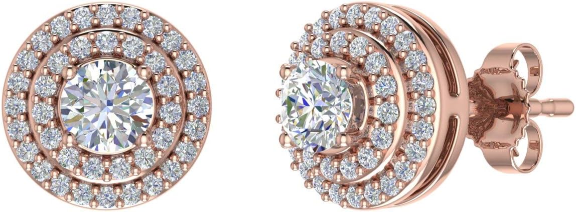FINEROCK 5/8 Carat Double Halo Natural Diamond Stud Earrings for Women in 14K Rose Gold (I1-I2 Clarity)