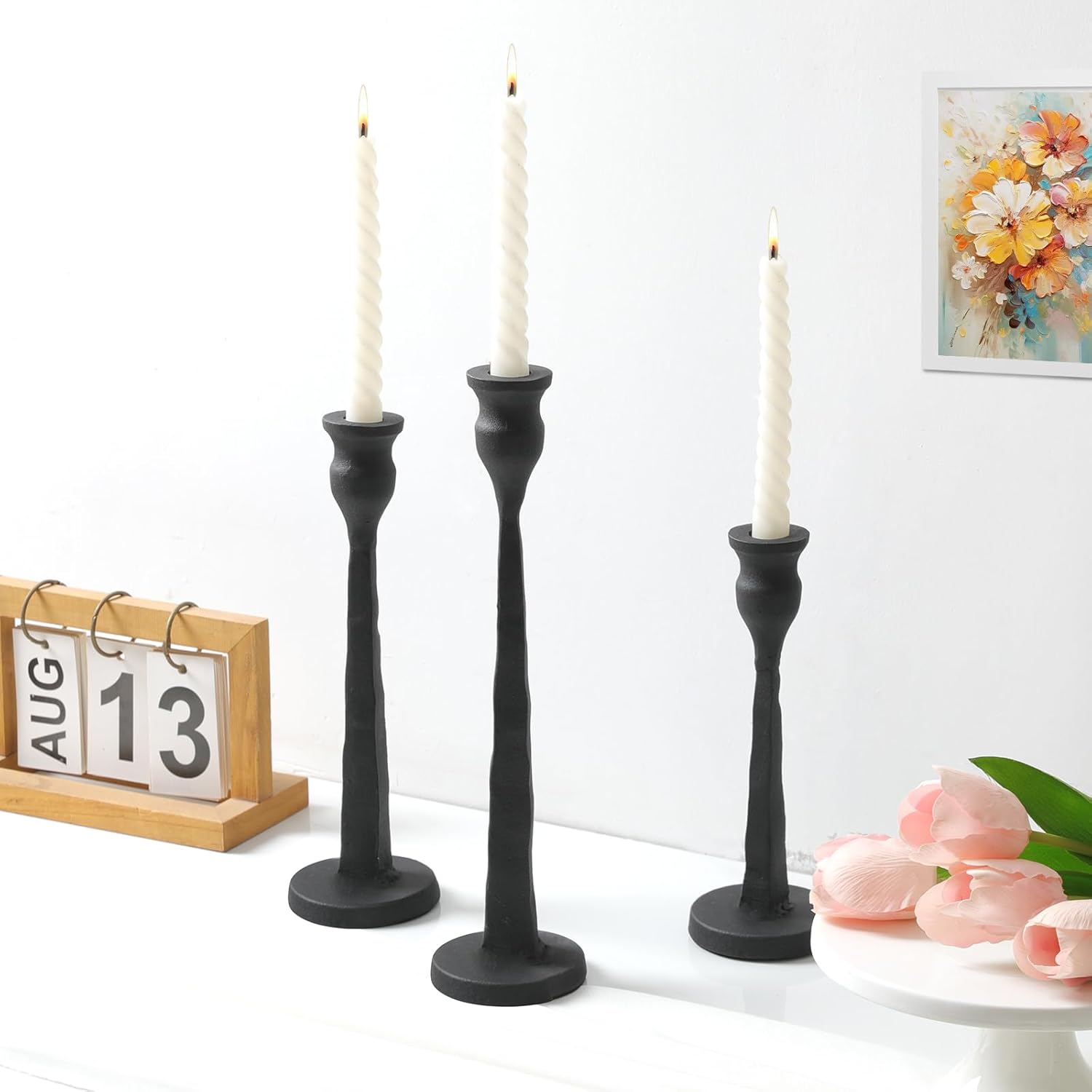 Heavy Duty Cast Iron Black Candlestick Holders Set of 3,Tall Taper Candle Holders,Table Vintage Decor Centerpiece Candle Holders for Fireplace Party Dining Home
