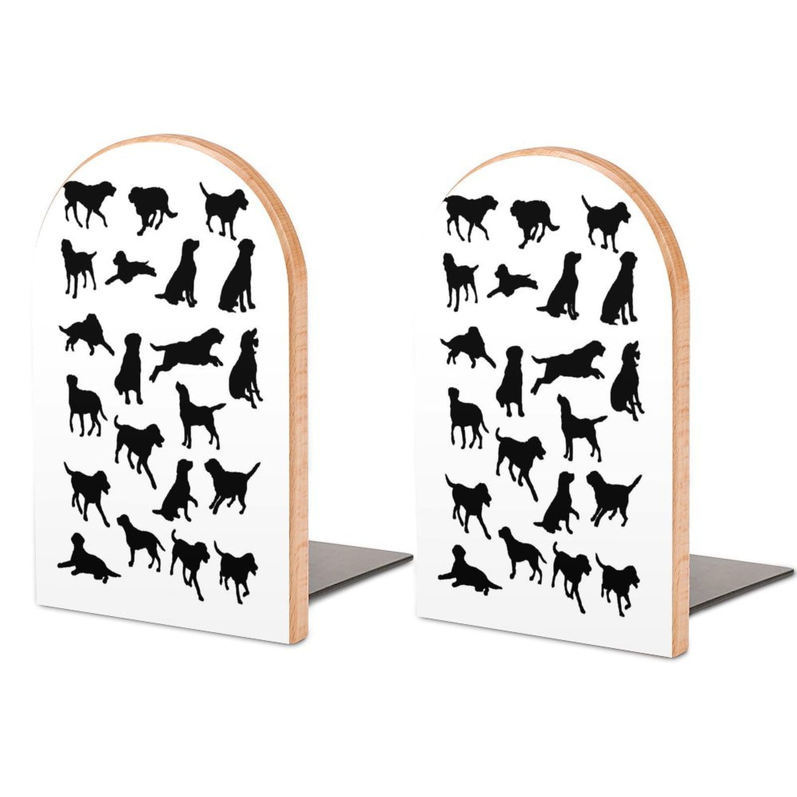 Silouettes of Labrador Dog in Various Poses Beech Wood Bookends Heavy Duty Book Organizers Desktop File Holder for Office Home Bookshelf