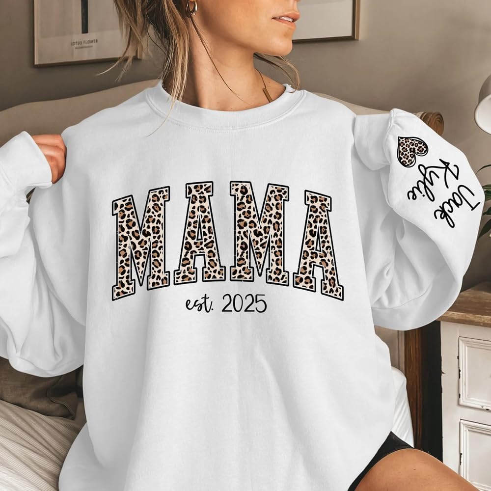 GODMERCH Custom Leopard Mama Sweatshirt With Kid Name On Sleeve, Personalized Mom Sweatshirts, Mama Est 2025 Sweatshirt, Personalized Gifts for Mom Grandma, Christmas Shirts - Image 3