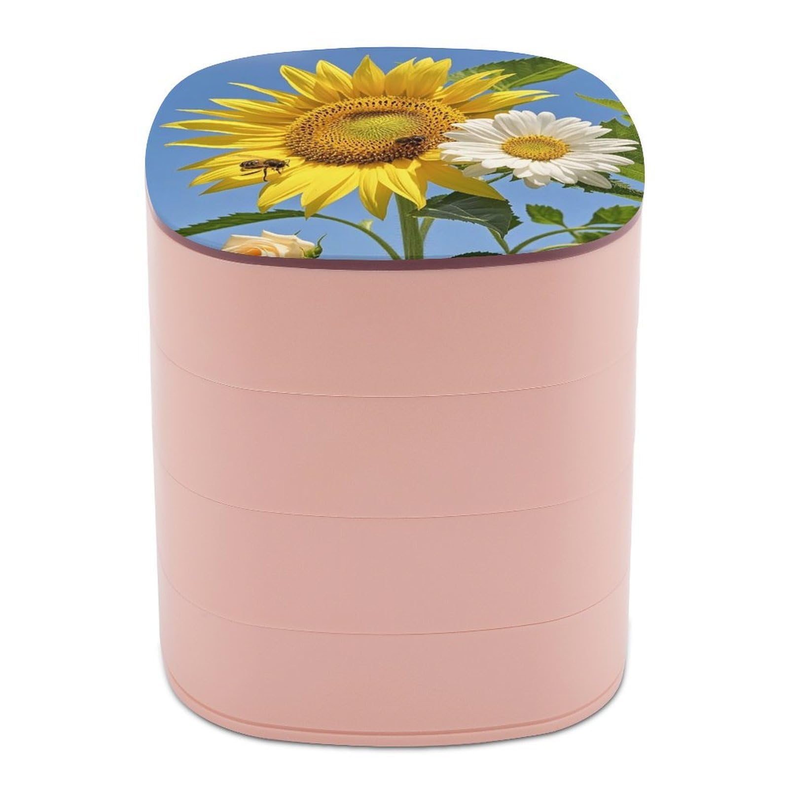FekiLoot Rotating Bees Sunflowers Daisy Rose Flowers Jewelry Box Large Capacity Jewelry Organizer with Mirror 4 Tier Hoop Ring And Earring Holder With Lid Small Travel Jewelry Case for Women