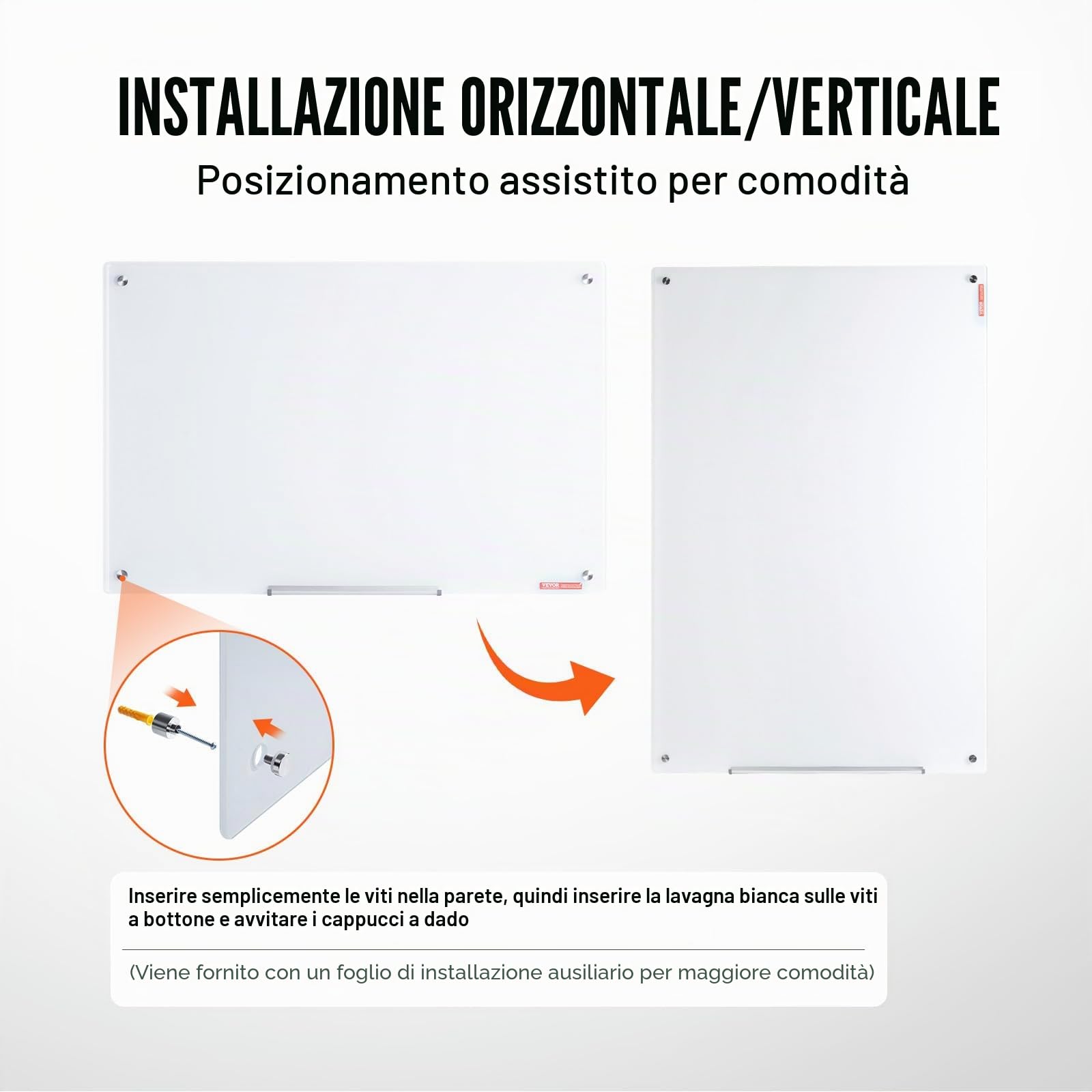 VEVOR Lavagna magnetica in vetro cancellabile a secco 90 x 60 cm, Lavagna per promemoria da parete, Vassoio per pennarelli, per Ufficio scuola ristorante casa