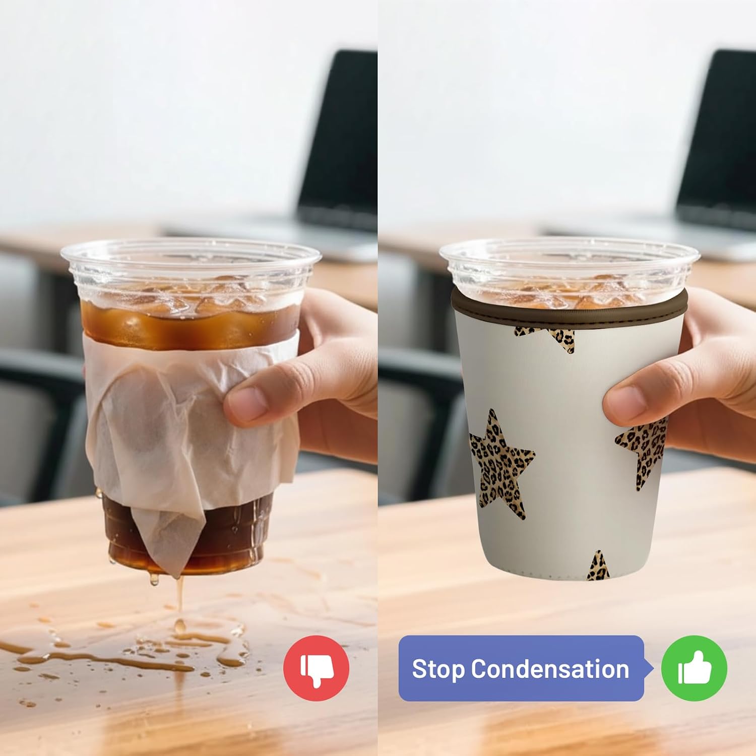 Iced Coffee Sleeve Reusable Neoprene Cup Sleeves, Stars Leopard