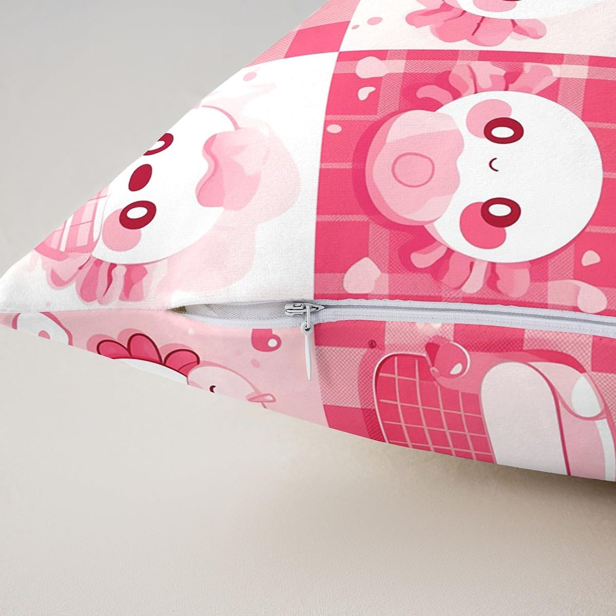 Cartoon Axolotl Kids Pillow Cover Cute Kawaii Wild Sealife Cushion Case for Girls Teens Pink Doughnut Hearts Patchwork Grid Girly Cushion Cover for Bedroom Couch 24x24 Inch