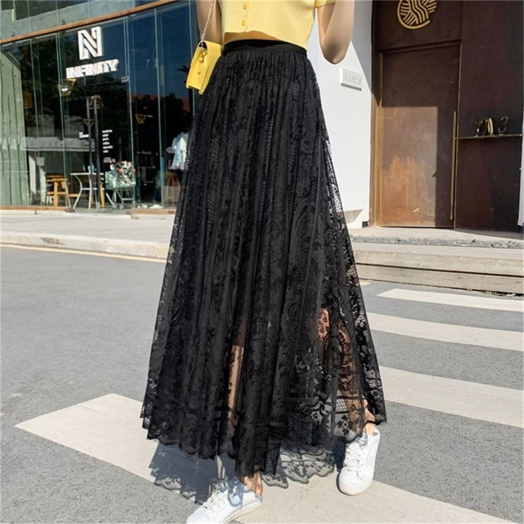 Women Tutu Tulle Skirts Midi Elastic High Waist Pleated Mesh Flowy A-Line Skirt Party Long Tutu Skirts Summer Long Dress Black