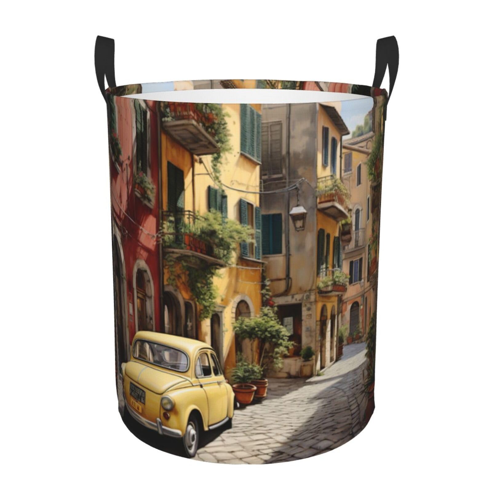 M Collapsible Laundry Hamper Round Italian Street Print Storage