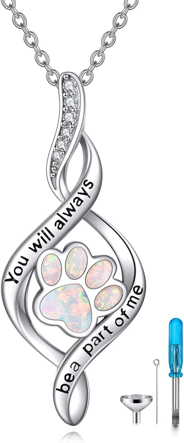 ONEFINITY Paw Urn Necklace for Ashes 925 Sterling Silver Infinity Dog Cat Pet Paw Print Cremation Jewelry for Pet Ashes Animal Keepsake Memorial Charm Pendant Necklace for Women