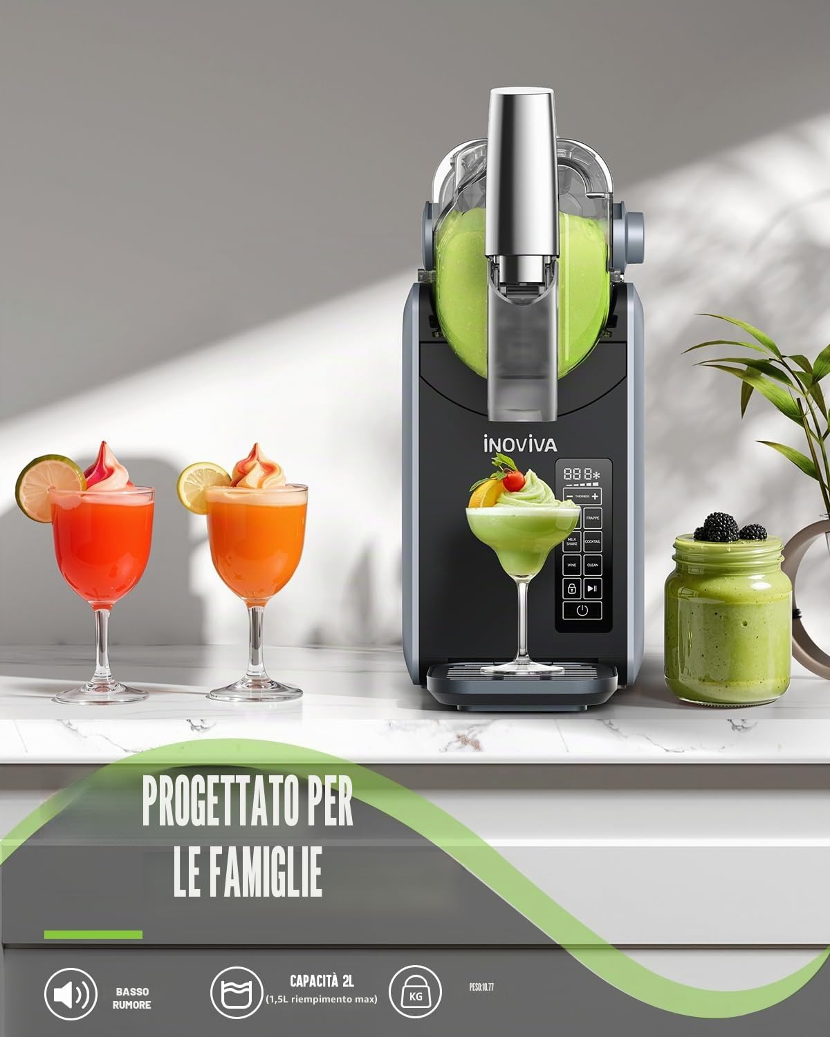 Macchina per granite INOVIVA, senza bisogno di ghiaccio, macchina per granite domestiche da 2L con autopulizia, 5 programmi preimpostati, granite, margarita, frappé, milkshake (S1.2 Versione)
