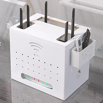 WiFi Router Desktop Storage Box, Power Strip Cord Organizer, Metal Cable Management Hider Boxs with Remote Control Storage Box, WiFi Cabinet to Hide Router and ModemWhite