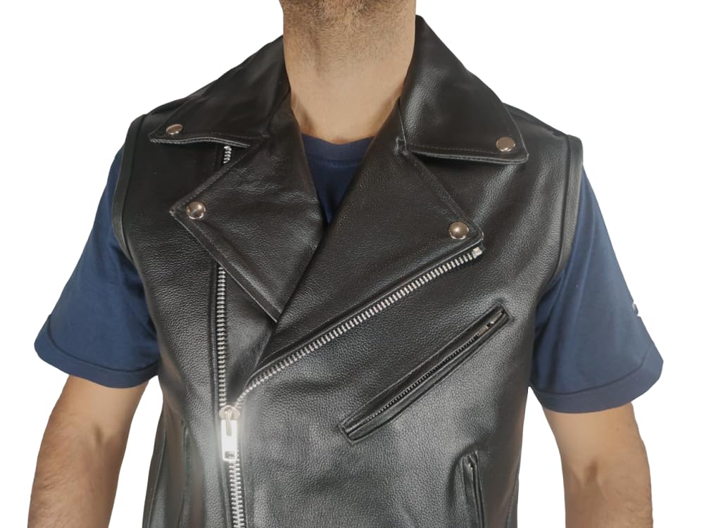 WinNet Gilet vera pelle smanicato stile giacca chiodo per moto custom vintage cafè race