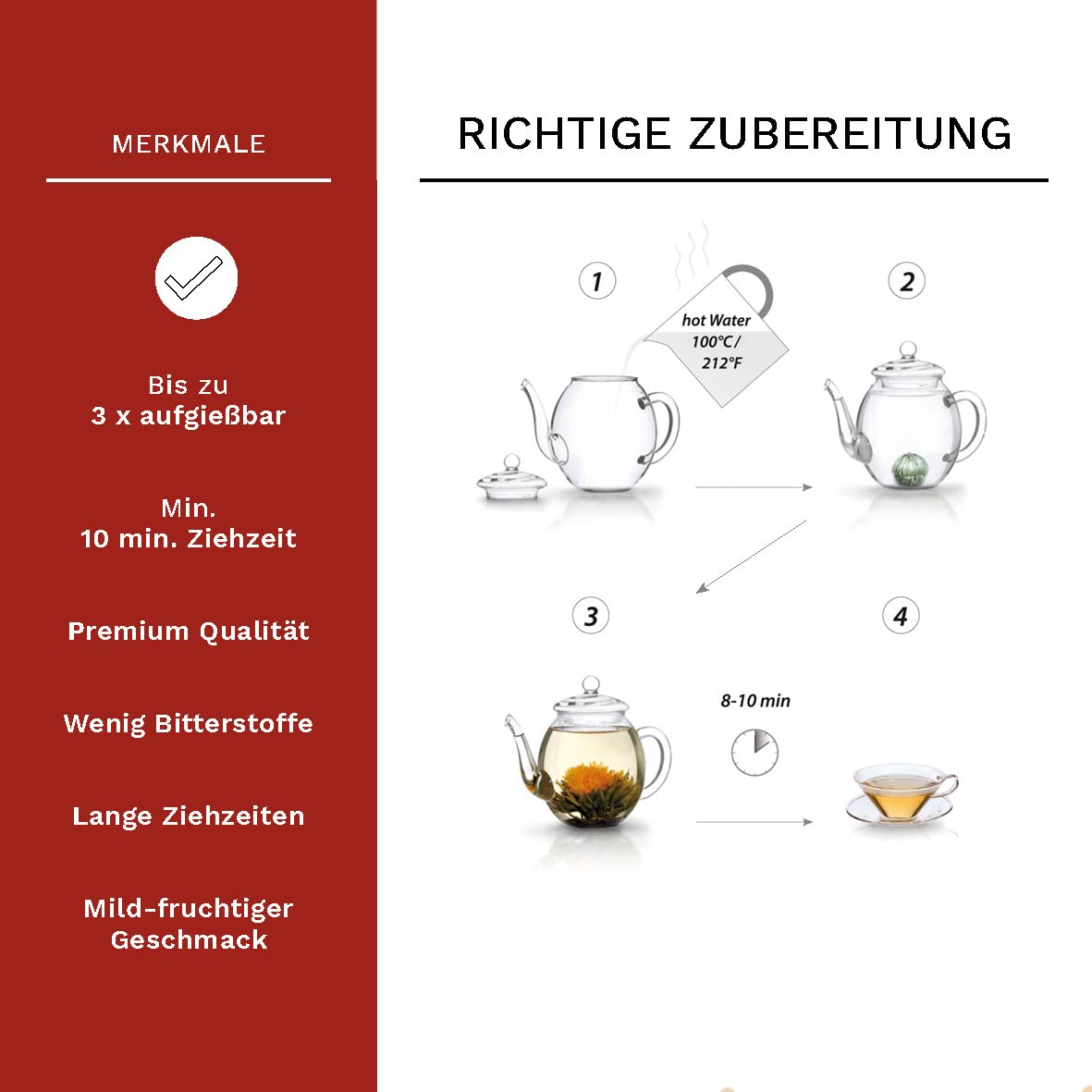 Creano Teeblumen Mix - Geschenkset ErblühTee mit Glaskanne & 6 Teeblumen + 12 Teerosen in Teekiste aus Holz in 6 Sorten - Weißtee