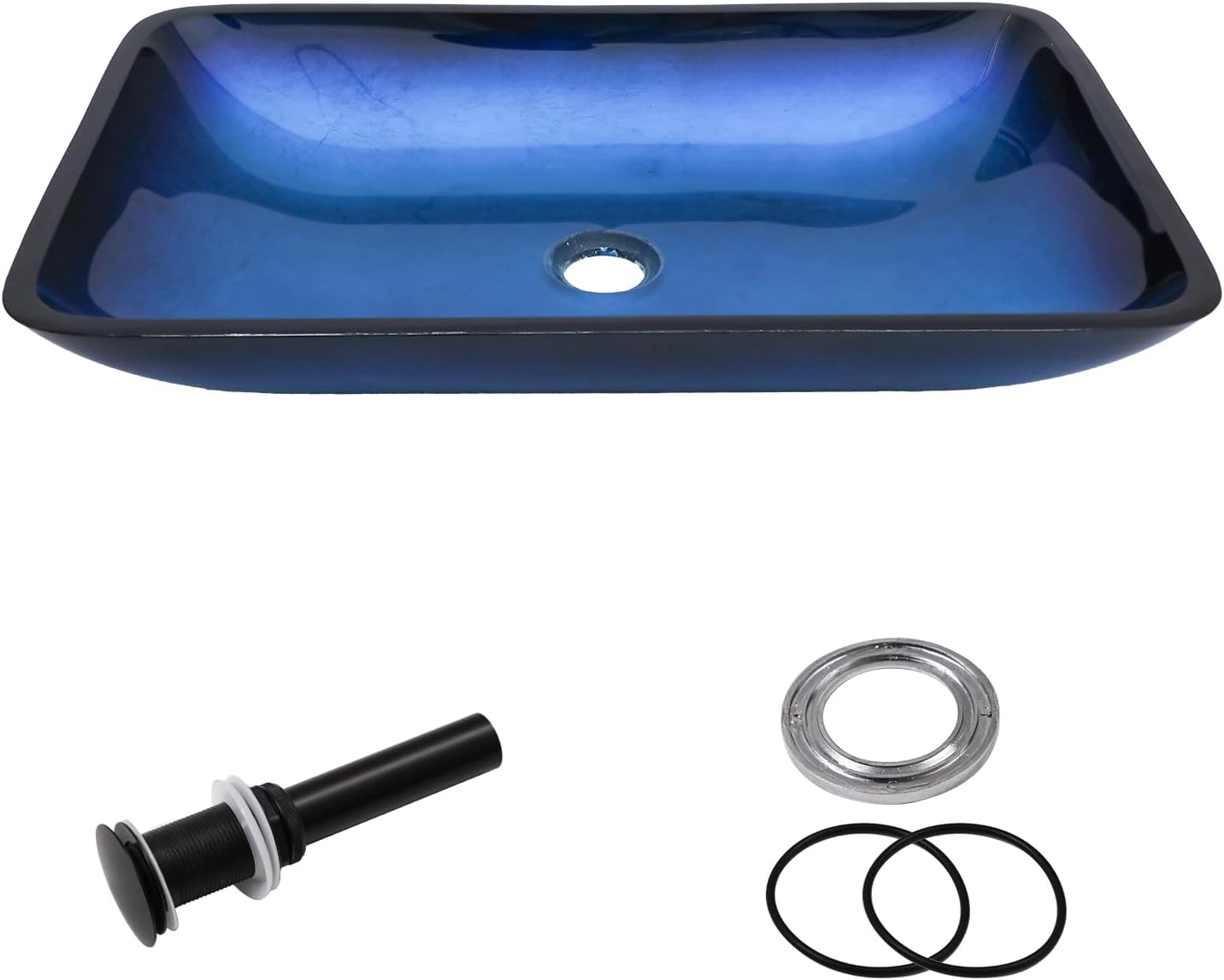 Bathroom Sink 22 Inch Blue Glass Vessel Sink With Drain Modern Rectangular Shape Artistic Basin Bathroom Vessel Sink Above Counter 4" Deep Rectangle Sink
