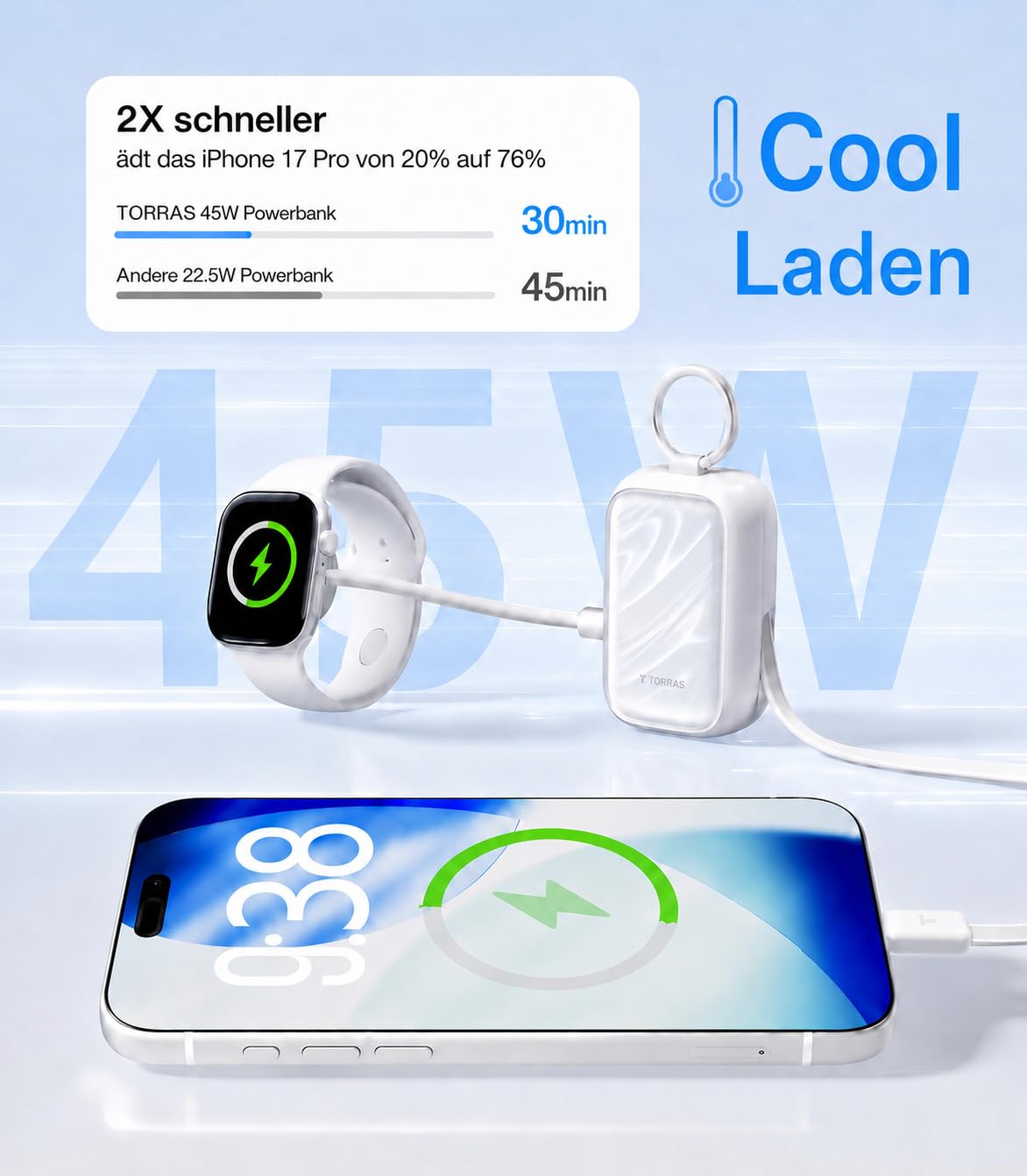 TORRAS PearlGo Powerbank 10000mAh, Kleine Powerbank mit Kabel, Perlweiß | 45W Schnellladen, 70 cm USB-C Einziehkabel mit Karabiner, für iPhone und Apple Watch, ideal für Reisen, Pendeln und Shopping