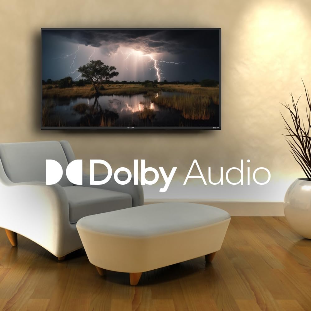 TV displaying a scene with Dolby Audio logo