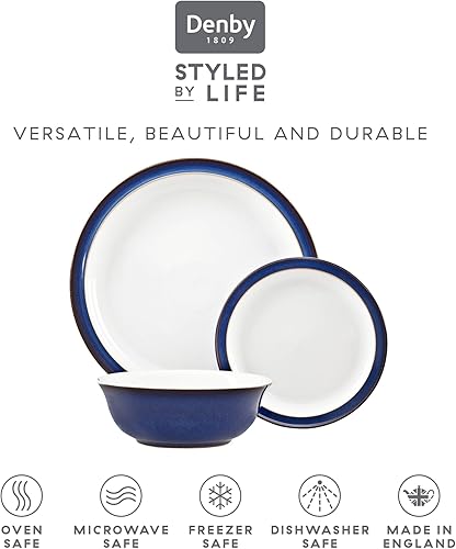 Miniatura 3 de Denby - Juego de vajilla azul imperial para vajilla de cerámica de 4 a 12 piezas, color azul, blanco - Juego de vajilla apta para lavavajillas y