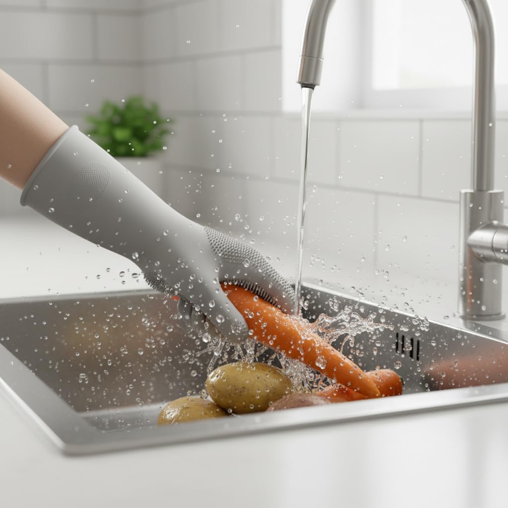 Deconox Büyük Boy Silikon Bulaşık Eldiveni | Fırçalı, Ovma Yüzeyli | Yanmaz, Su Geçirmez, Çok Amaçlı | Mutfak, Banyo, Araba Temizliği | Gıda Uyumlu
