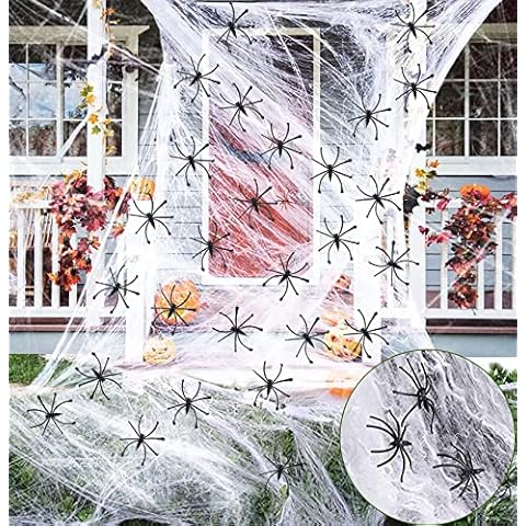 Glucrean 1500Sqft 300g Spider Web Decoration with 100 Plastic Spider, Stretchable Halloween Spiderweb, Giant Spider Web Outdoor for Halloween Haunted House Decor Scary Decorations Indoor Cover