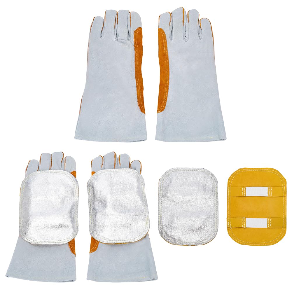 WADORN 1Paar Hand Hitze Schild Schweiß Handschuhe und 4 Stück Schweiß Hand Polster, Geteilt Rindsleder Leder Aluminiumbeschichtet Rücken Hände Polster Handschuhe für Industrie Kessel Schneiden Schutz
