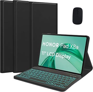 Keyboard Case for Honor Pad X8a 11 Inch Released 2024, Detachable Wireless Bluetooth 7 Color Backlit Keyboard, Magnetic Ultra-Thin Stand Protective Cover with Mouse,Black