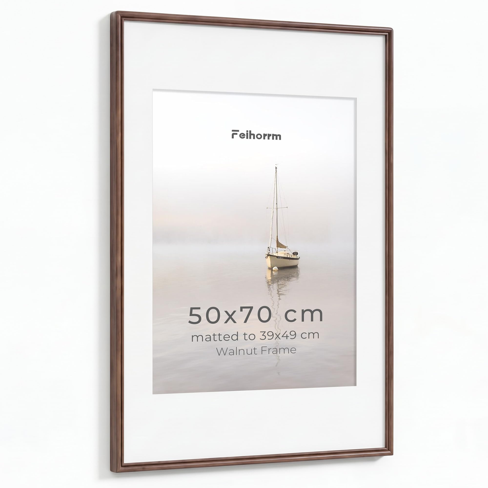 Feihorrm 50x70cm Frame, Walnut Photo Frame Fit 39x49cm with Mat