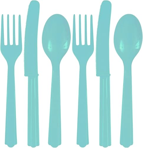 Surtido de cubiertos de plástico azul huevo de Robin (paquete de 24)  Suministros de fiesta elegantes, duraderos y desechables para cada ocasión