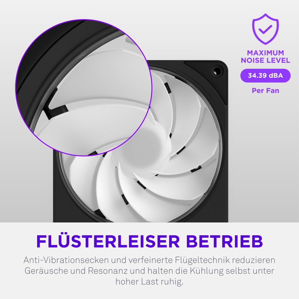 NZXT F360 RGB Reverse - 360mm single-frame Reverse Lüfter - Schwarz | 360mm single-frame Einheit mit drei 120mm Reverse-Blade PWM RGB-Lüftern. Sauberer Airflow für Show-Side-Builds.