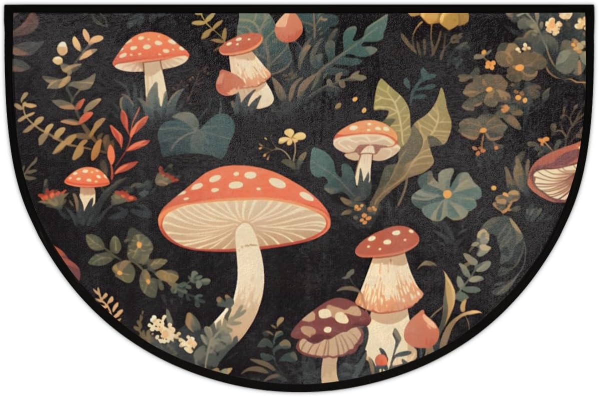 Half Round Door Mat,Mushroom Forest Plants Non Slip Absorbent Entrance Doormat,Welcome Mat for Front Door,Low-Profile Semi Circle Floor Mats Area Rugs for Home Kitchen Garage Patio,36" x 24"